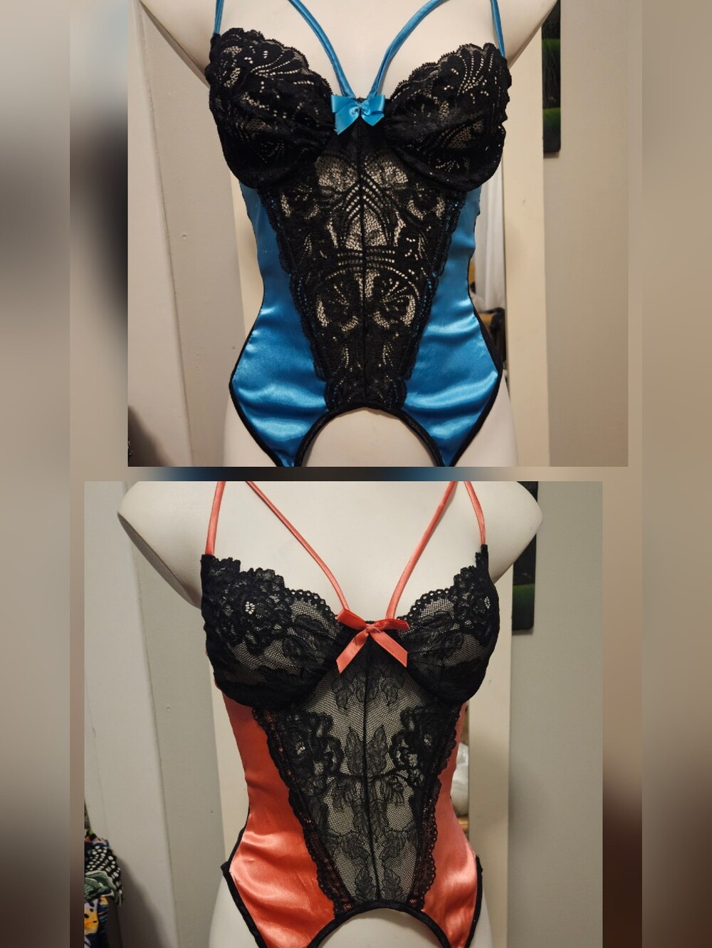 Set of 2 * Black Lace Lingerie Corset with hose clips * Sexy * Teddy Blue Pink